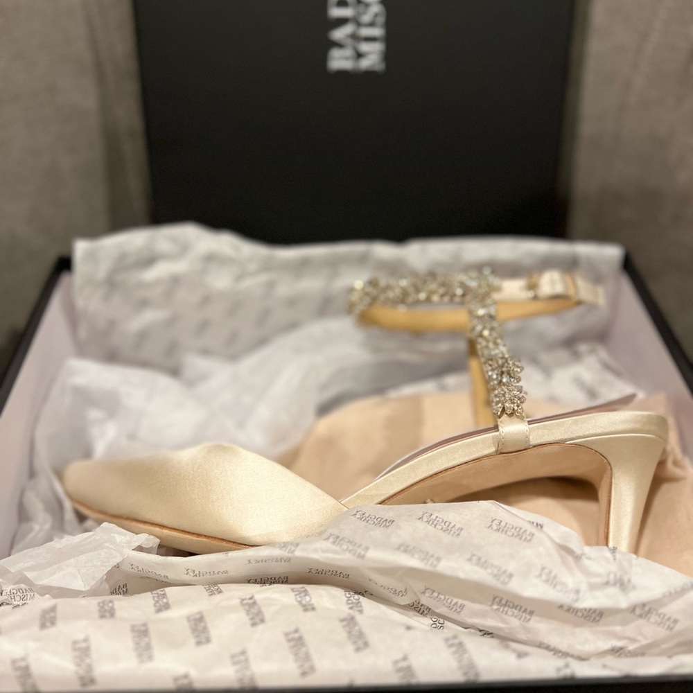Badgley Mischka Esmeralda Embellished Pointed Toe Pump, Ivory Satin, Size 11 - Picture 3 of 3